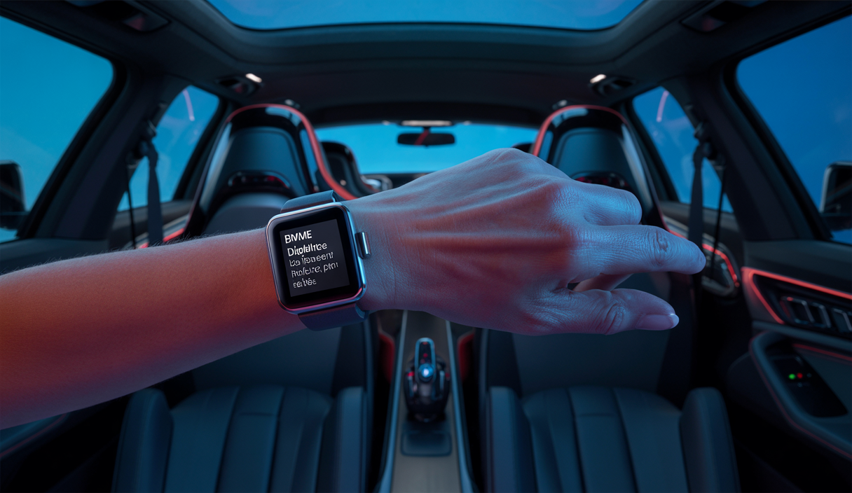 Illustration de BMW Digital Key sur Apple Watch pour une expérience de conduite moderne sans clé.