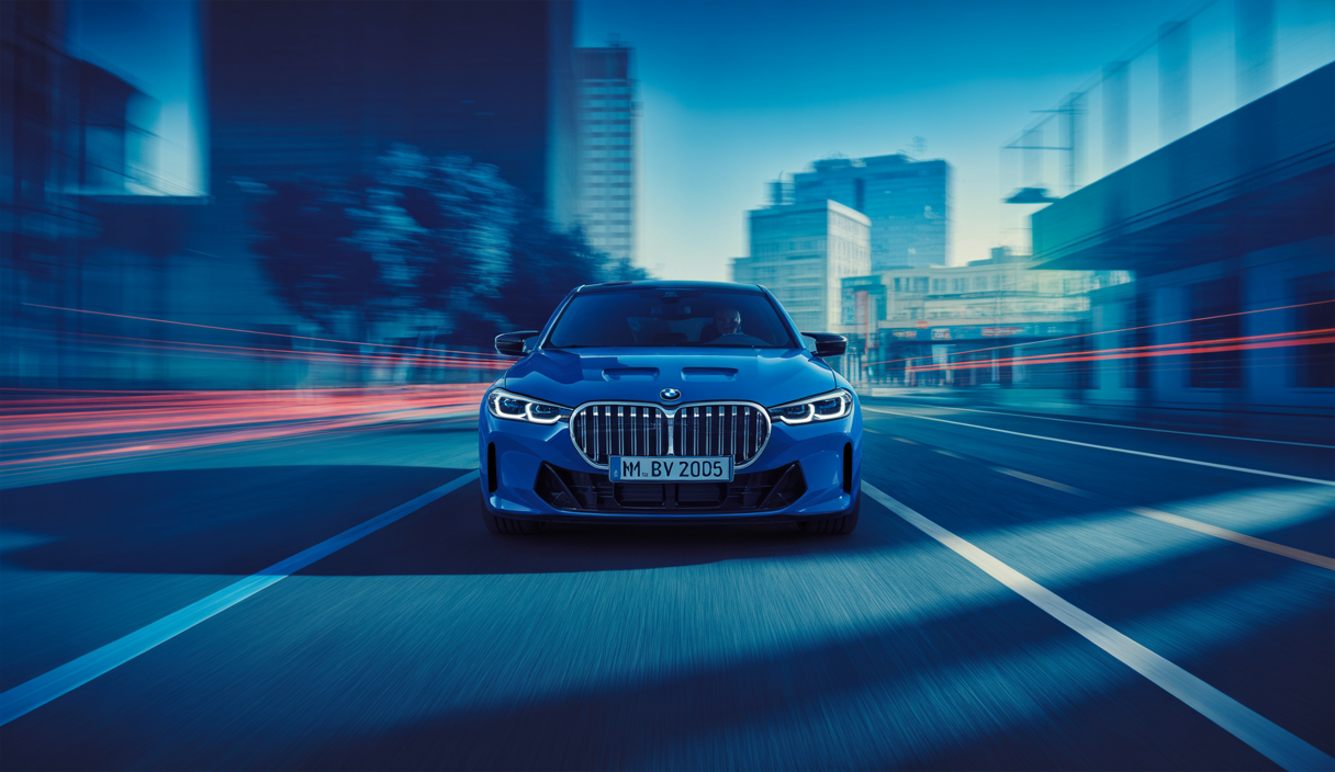 Illustration de la BMW M3 CS Touring 2025 en mouvement.