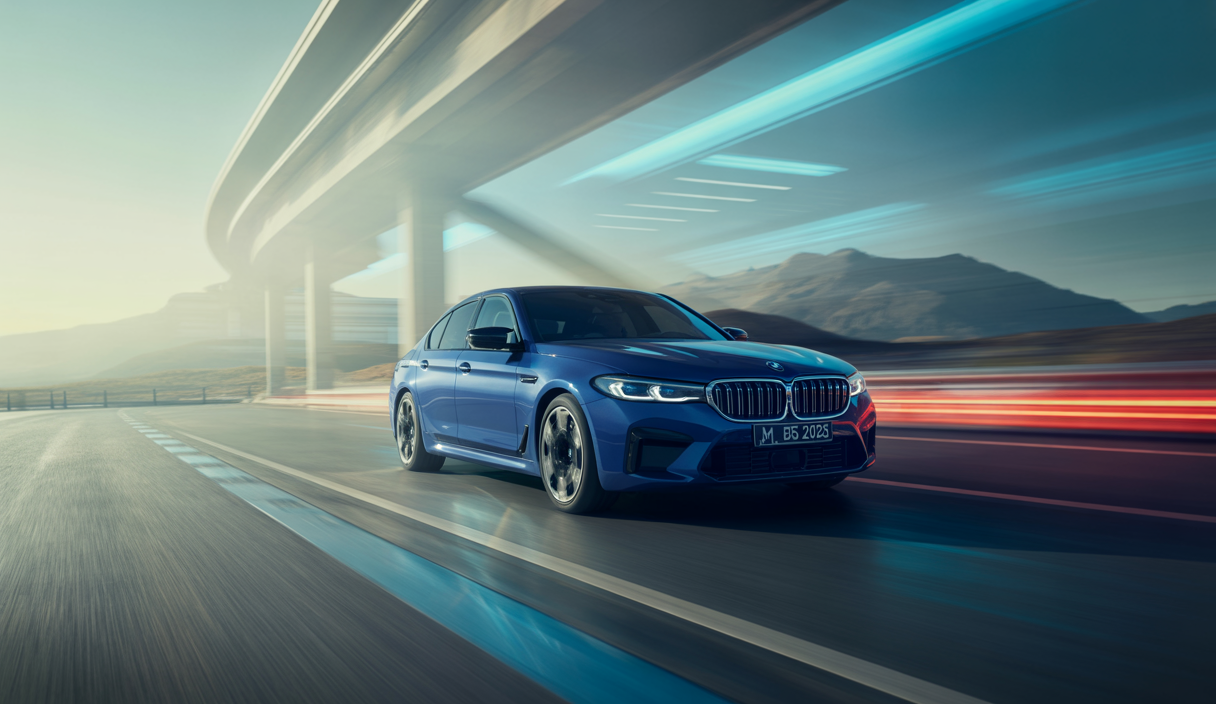 Illustration hyperréaliste d'une BMW M5 2025 roulant sur une route en montagne, mettant en avant son design sportif et ses caractéristiques hybrides.