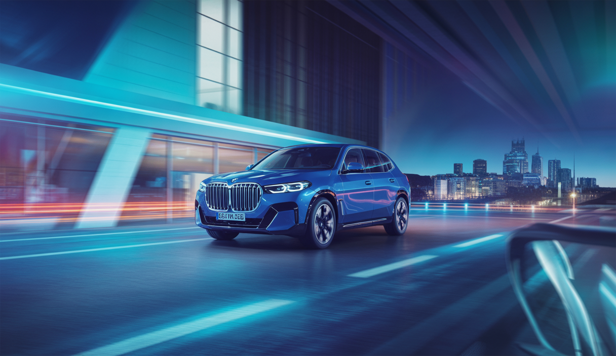 Une vue immersive du BMW X4 de troisième génération, illustrant son design audacieux et ses technologies avancées dans un cadre futuriste.