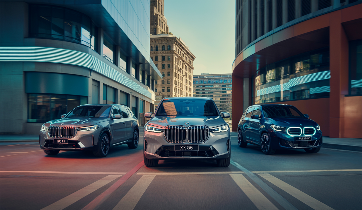 Un visionnage artistique des modèles BMW X5, X6 et M5 de 2025 avec une présentation exubérante et moderne