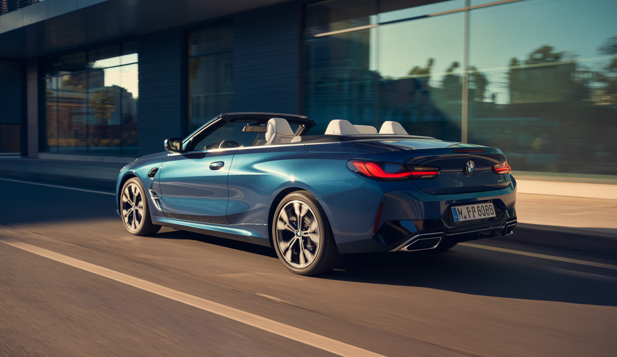 BMW 2025 cabriolet à toit rigide, design élégant et performances avancées, vue latérale sur route urbaine