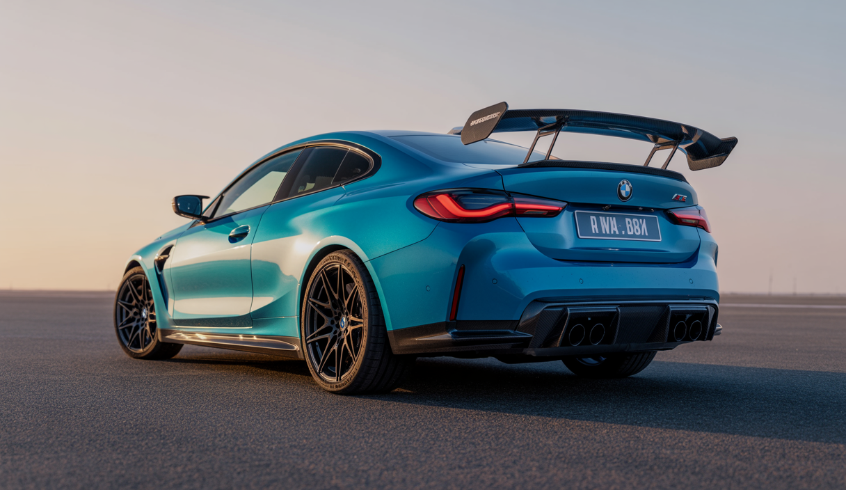 BMW G82 M4 modifié, combinant performance et esthétique avec un kit aérodynamique en fibre de carbone et une suspension abaissée, dans un cadre lumineux et moderne