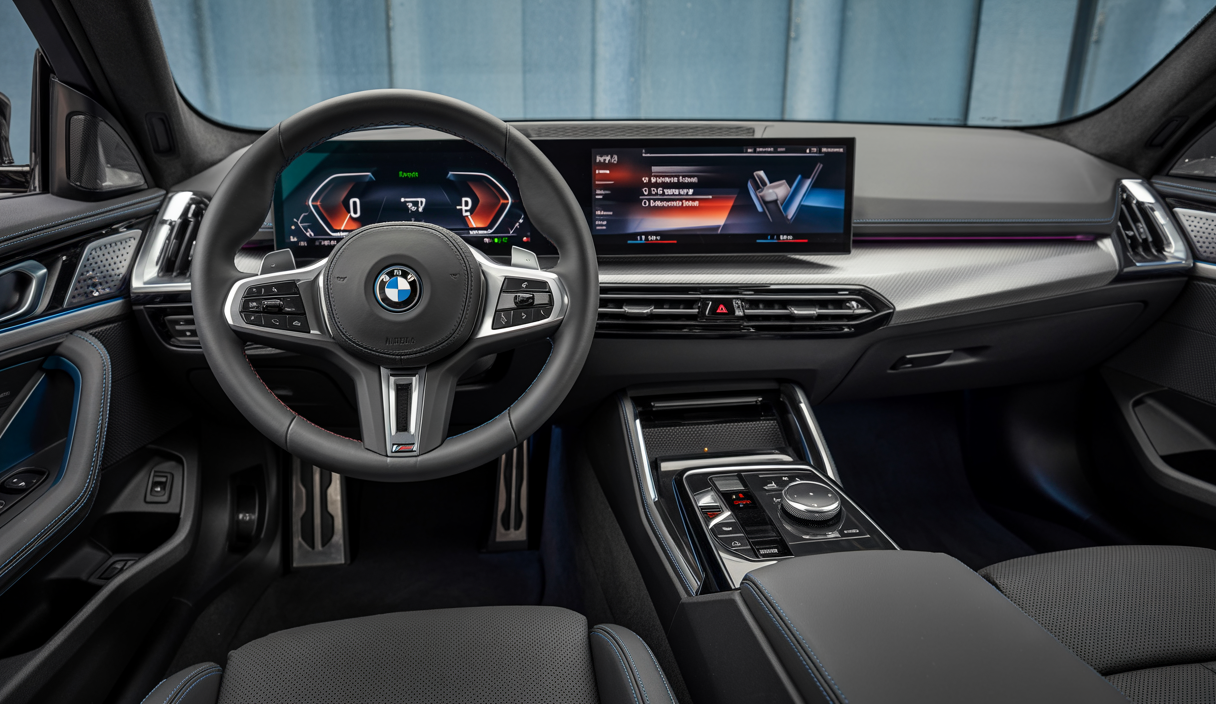 Intérieur moderne du nouveau BMW iDrive 4.2 avec interface numérique panoramique, volant M sportif et affichage central lumineux