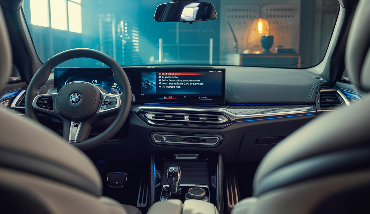 Interface de l'assistant personnel intelligent BMW affichée sur l'écran de bord, avec une voiture BMW moderne en arrière-plan