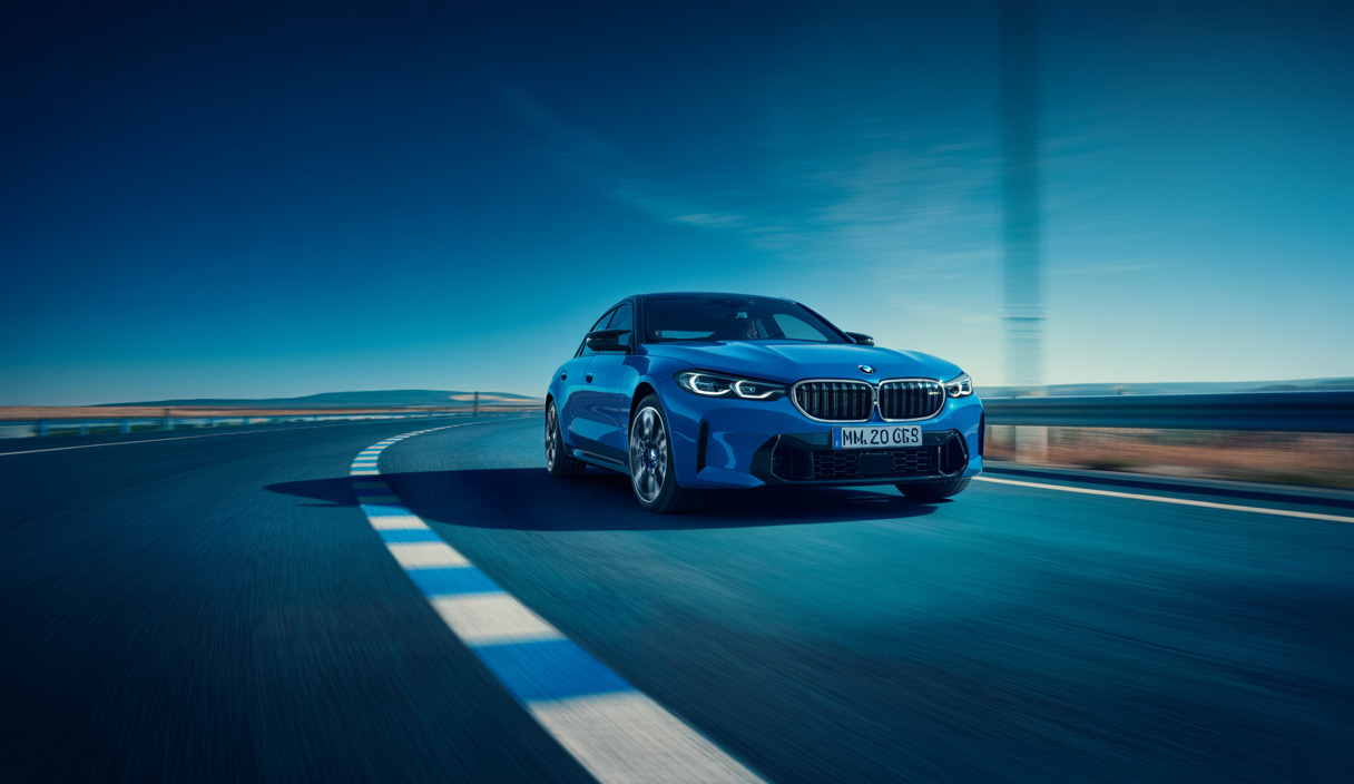 Illustration de la BMW M2 CS en pleine vitesse sur une route panoramique