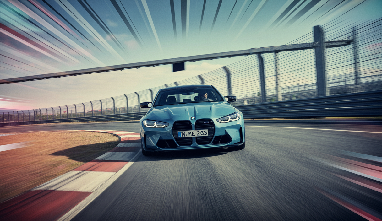 Représentation stylisée d'une BMW M3 CS sur circuit, illustrant puissance et agilité.