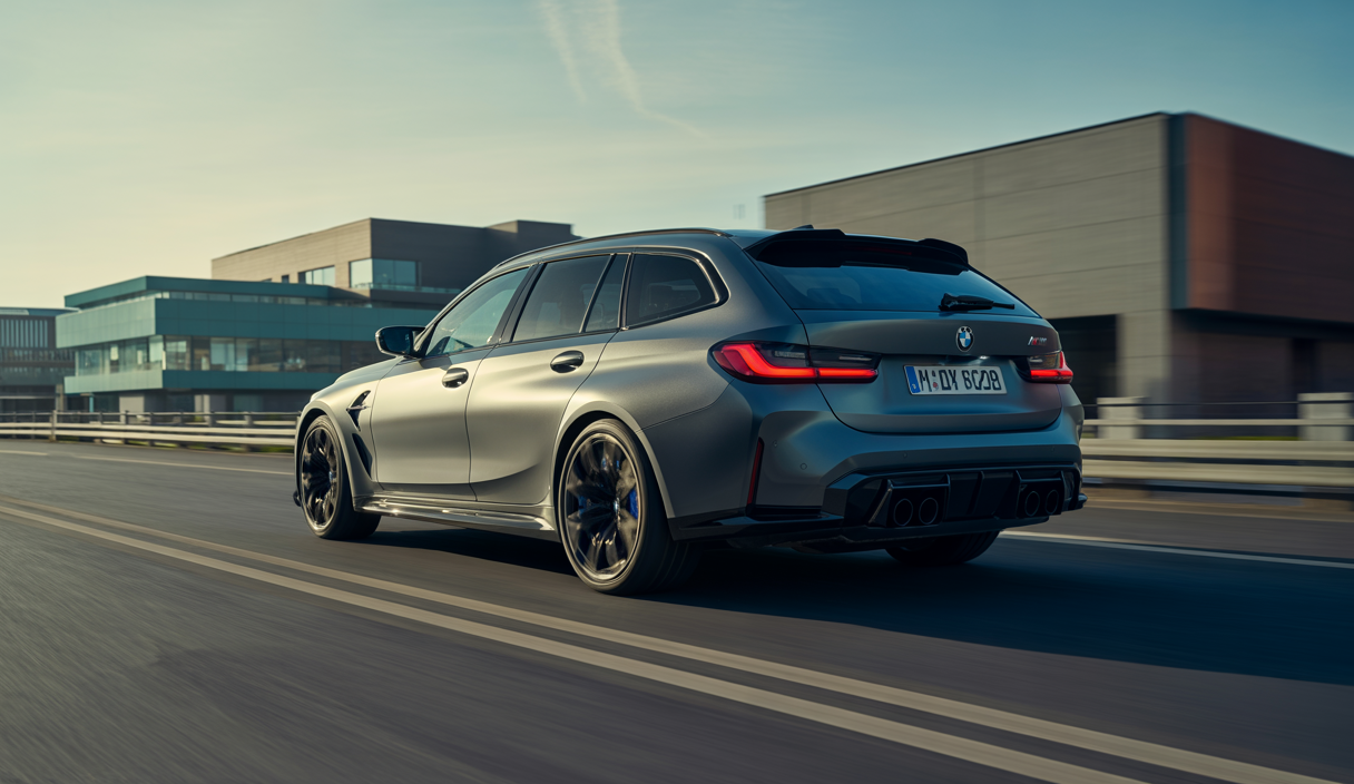 BMW M3 CS Touring 2025, berline familiale sportive de couleur grise métallisée, vue de trois quarts avant sur route avec arrière-plan urbain moderne