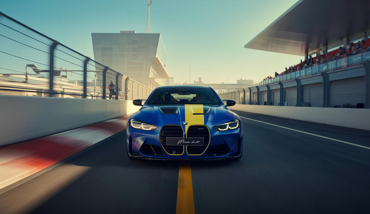 BMW M4 CS Edition VR46 en bleu avec accents jaunes, célébrant Valentino Rossi et renforçant la présence de BMW Motorsport en Superpole