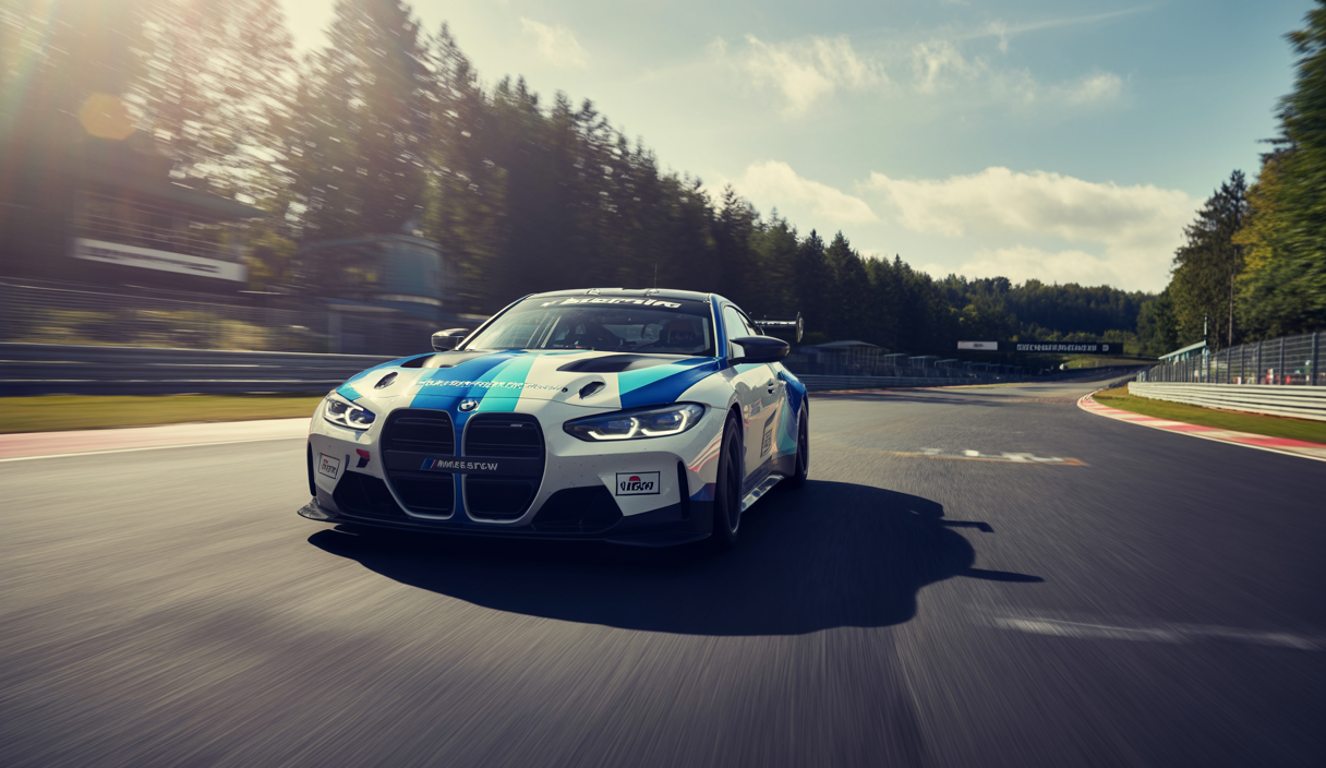BMW M4 GT3 EVO bleu et blanc de ROWE Racing en course aux 24h du Nürburgring 2025, ambiance dynamique sur circuit emblématique