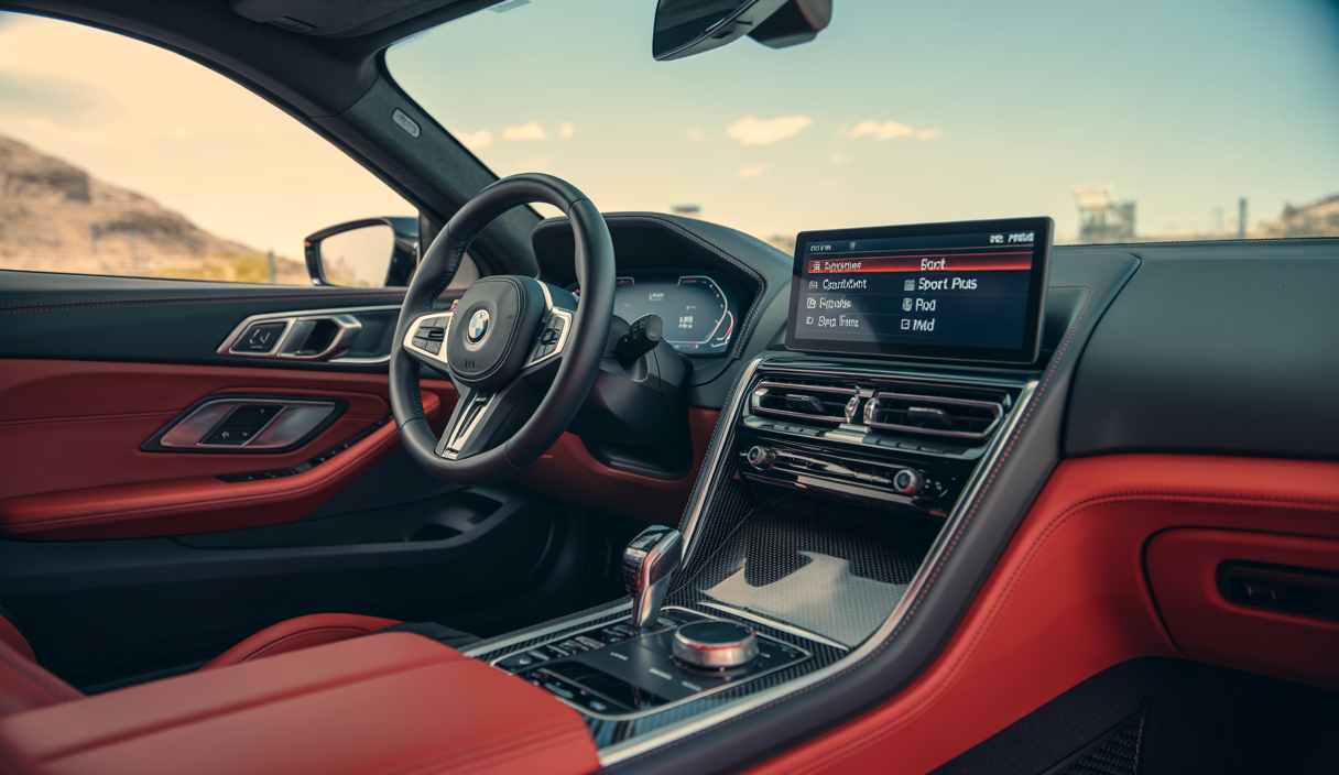 Intérieur moderne d'une BMW M8 avec affichage numérique montrant les modes de conduite personnalisables, volant sport avec boutons M1 et M2 en vue rapprochée