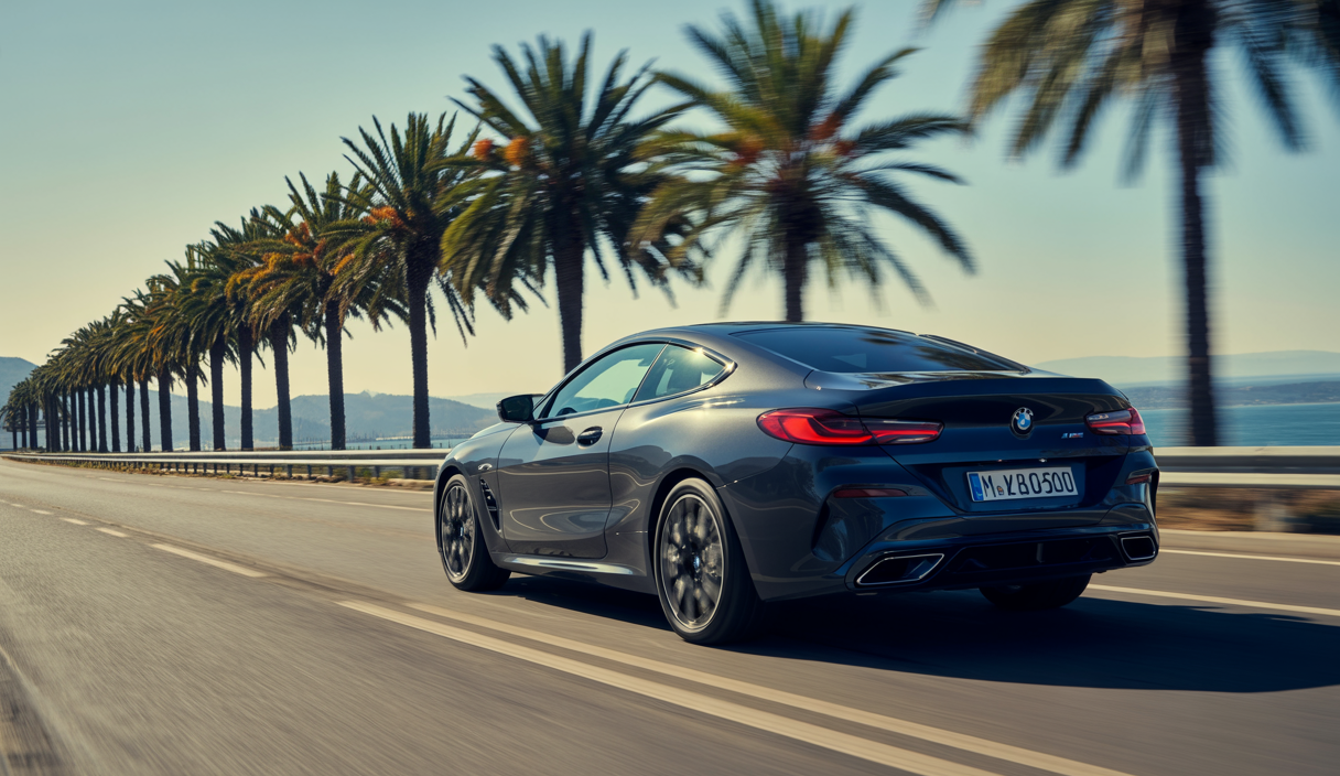 BMW M850i xDrive Coupé élégant noir brillant avec moteur V8 puissant sur une route ensoleillée californienne