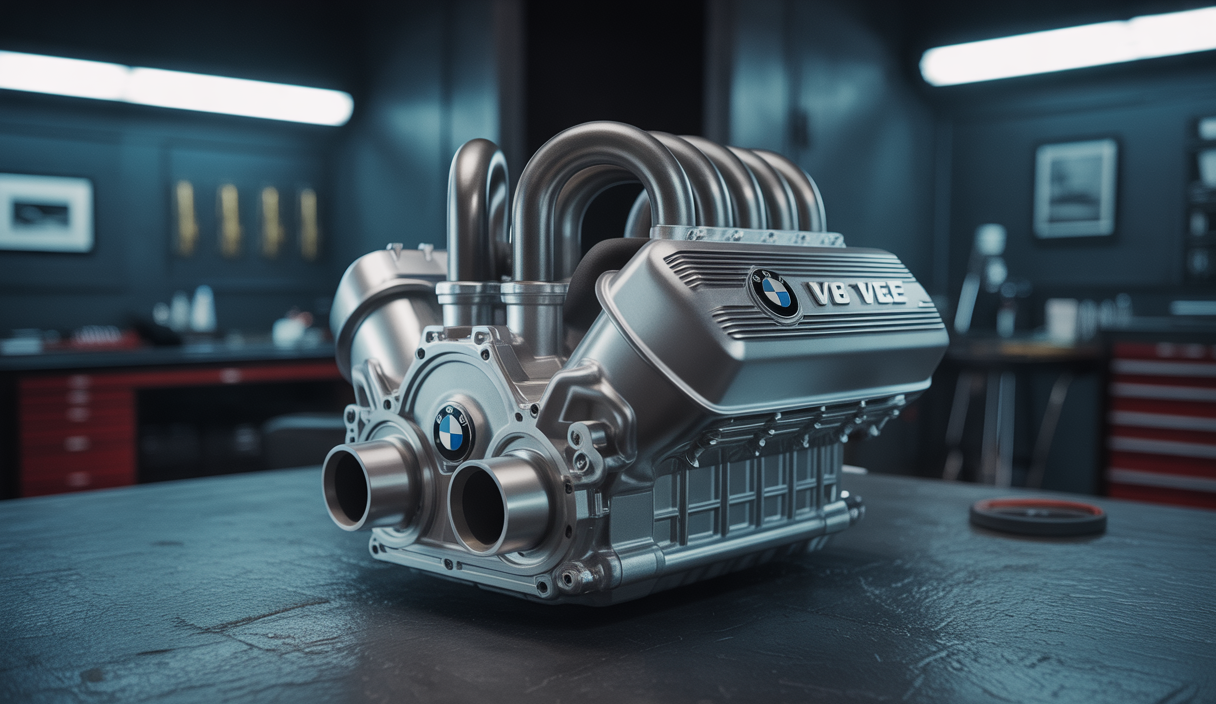 Vue rapprochée d'un moteur BMW V8 biturbo affichant des détails techniques et une finition métallique brillante, symbolisant puissance et innovation automobile.