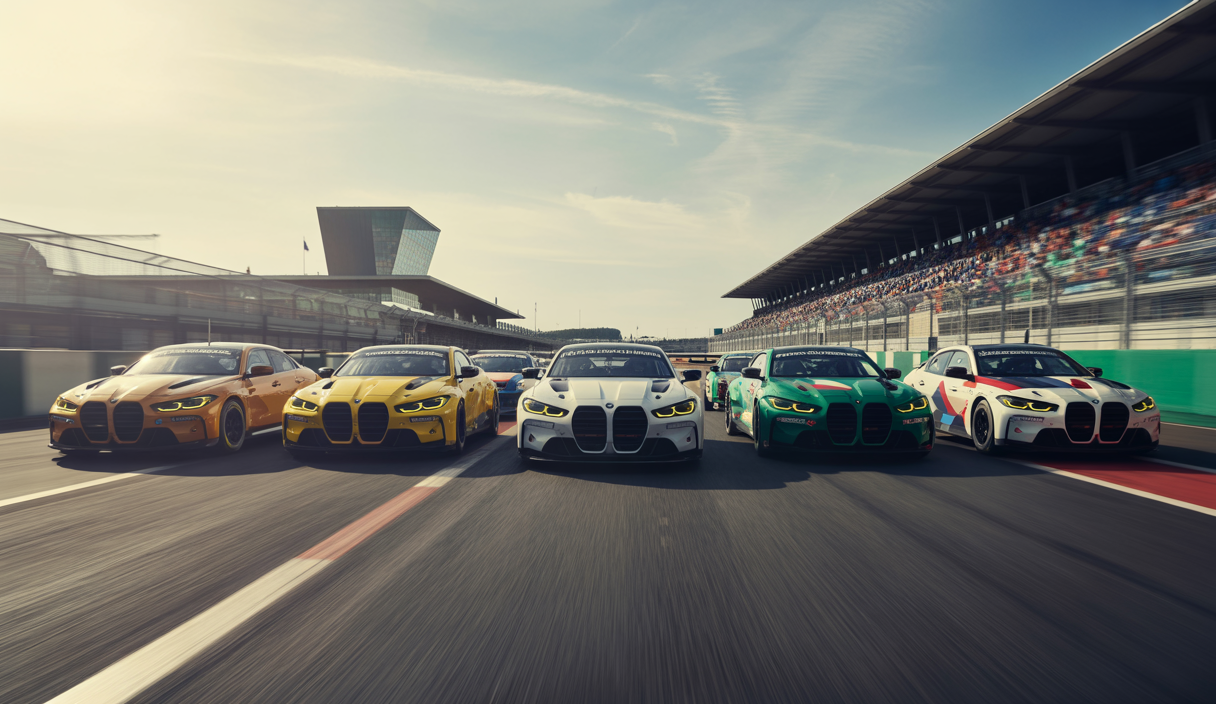 Onze BMW M4 GT3 EVO alignées sur la grille de départ des 24 Heures de Spa 2025, avec pilotes en tenue d'endurance et ambiance de course dynamique sous un ciel clair.