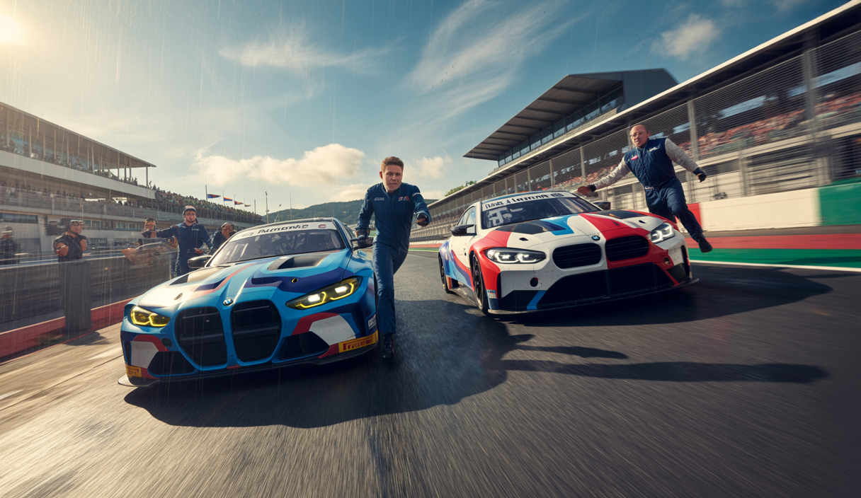 BMW Motorsport cars raced aggressively at Nürburgring 24h and IMSA 2025, featuring drivers Jens Klingmann and Sheldon van der Linde in dynamic, high-performance racing scenes