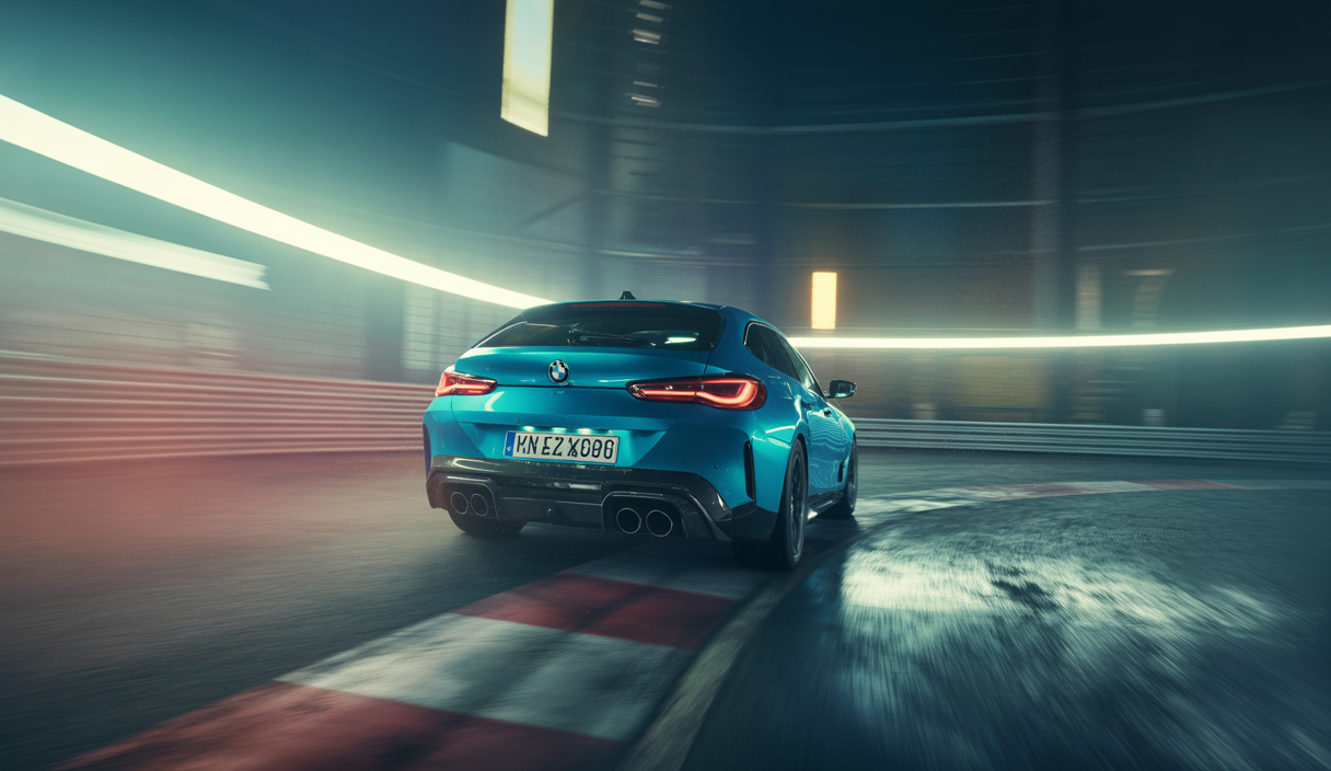 Une voiture de course BMW roulant à grande vitesse sur une piste, illustrant l'innovation technologique