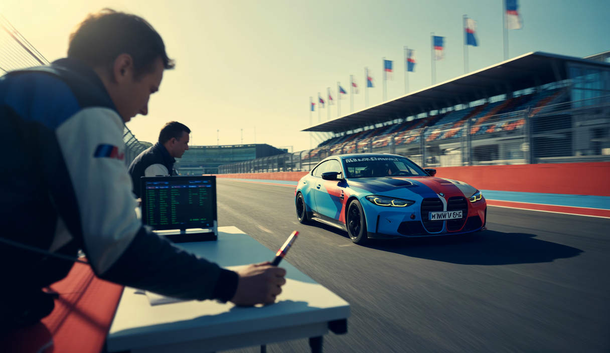Un moment stratégique clé lors d'un week-end de compétition BMW Motorsport, mettant en lumière une BMW M4 GT3 en action sur circuit avec une équipe technique en arrière-plan.