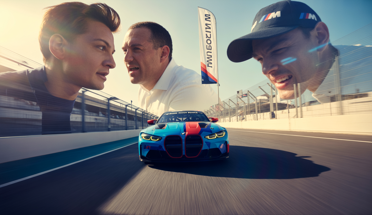 BMW Motorsport team en action lors d'une course, montrant la réactivité et la cohésion d'équipe autour de la BMW M4 GT3 sur un circuit moderne avec ambiance dynamique et lumineuse
