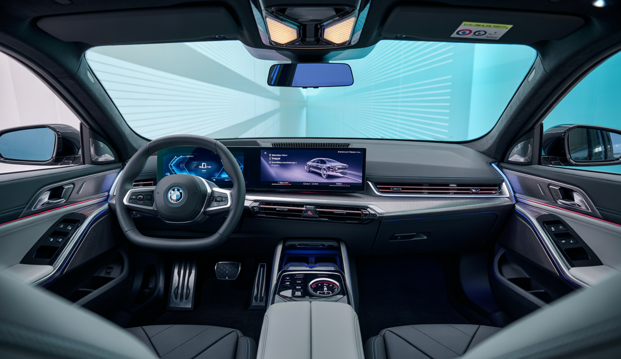 Vue intérieure d'une BMW équipée du système Panoramic iDrive 2025, avec un affichage numérique panoramique s'étendant du montant A gauche au montant A droit et volants multifonctions modernes.