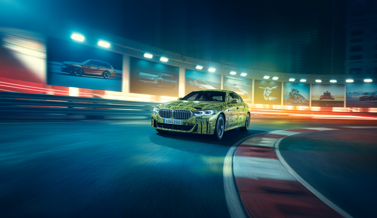Illustration vibrante d'une BMW performant aux 24 Heures du Mans 2025