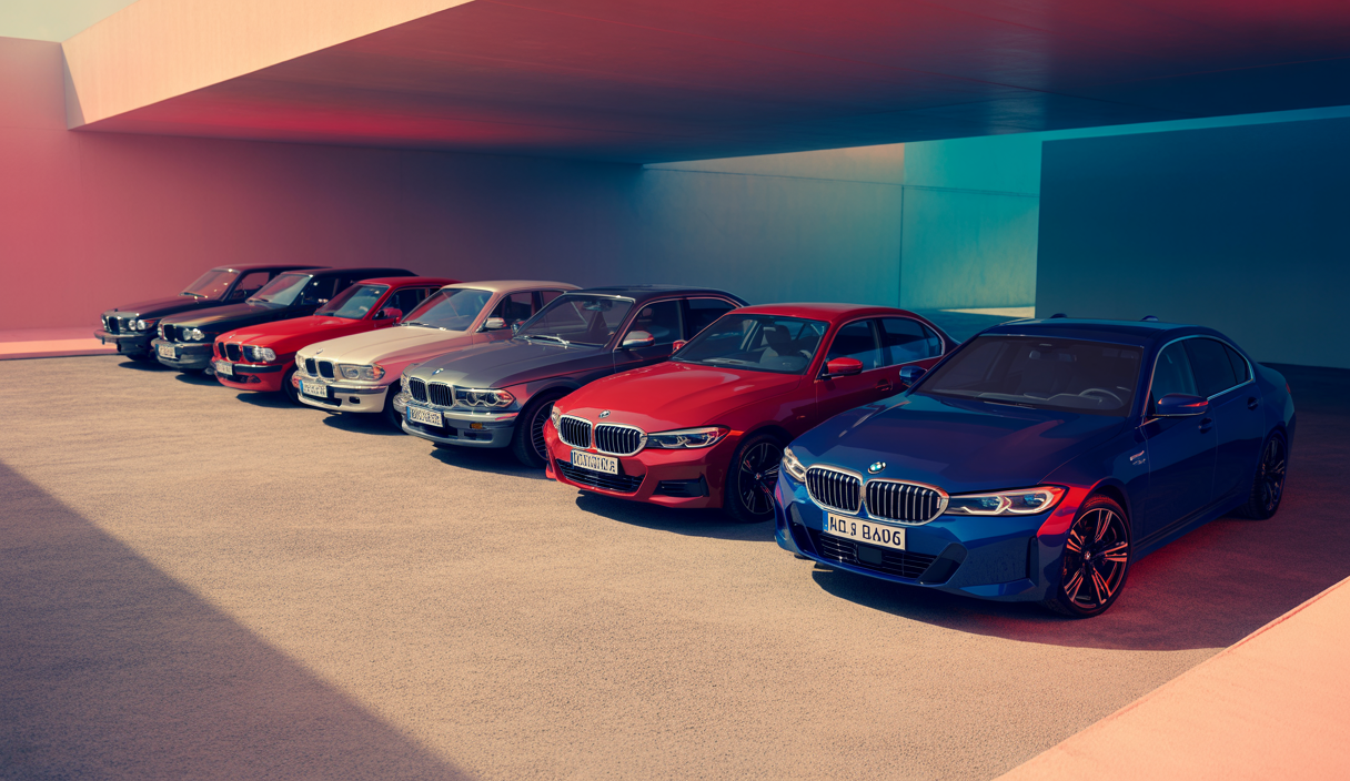 BMW Série 3 emblématique célébrant 50 ans de design, performance et héritage allemand avec sept générations de modèles présentés en ligne dans un style moderne et élégant