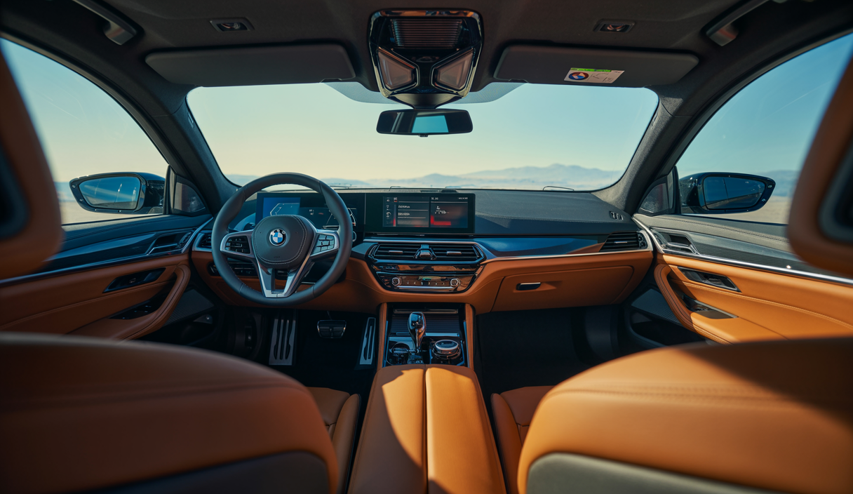Vue intérieure et extérieure d'une BMW Série 5 2025 hybride rechargeable avec moteur 6 cylindres en ligne turbocompressé, affichant un design intérieur moderne et une puissance de 483 chevaux.