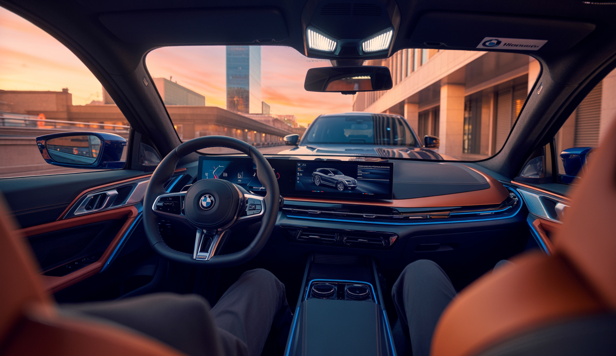 Vue de profil d'une BMW Série M 2025 moderne avec design innovant, écran tactile iDrive 6.0 allumé affichant l'interface utilisateur, circulant sur une route urbaine sous une lumière douce et contrastée