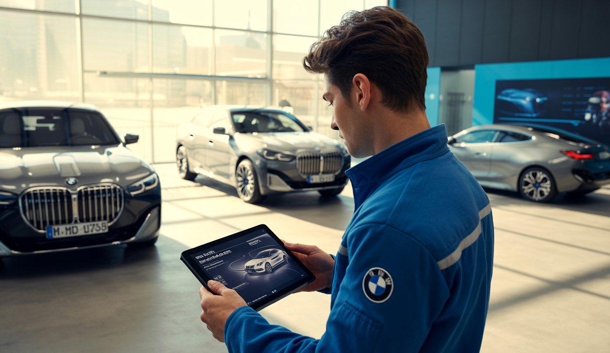 Technicien BMW utilisant une tablette numérique moderne dans un atelier de service après-vente lumineux et high-tech avec des voitures BMW électriques en arrière-plan