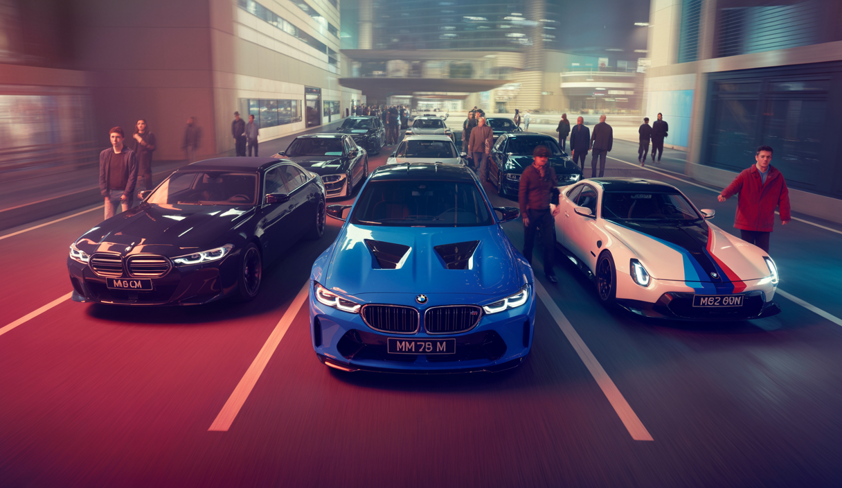 Image promotionnelle de la vidéo BMW THIS IS GEN M montrant plusieurs modèles emblématiques BMW M et des passionnés unis, illustrant la richesse de l'héritage M et la diversité de sa communauté.