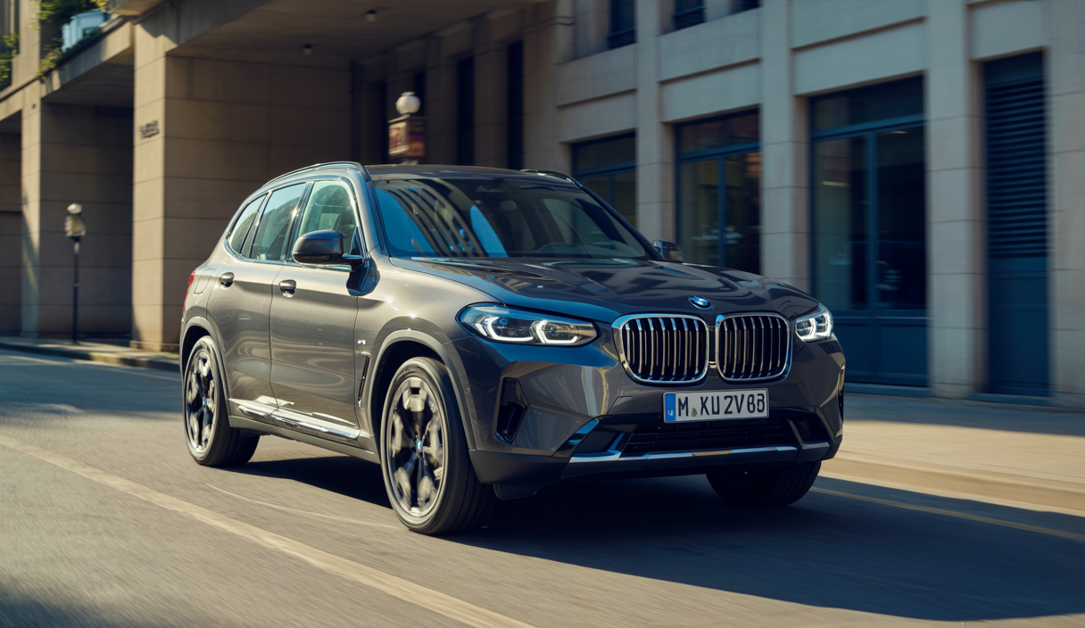 Vue de profil et de face de la BMW X3 2025 gris sable métallisé, SUV compact luxueux avec calandre réimaginée, phares LED acérés, jantes alliage sport, sur fond urbain moderne