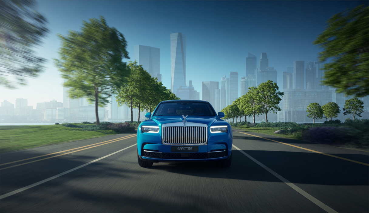 Illustration du modèle électrique Spectre de Rolls-Royce, symbolisant l'avenir tout électrique de la marque.