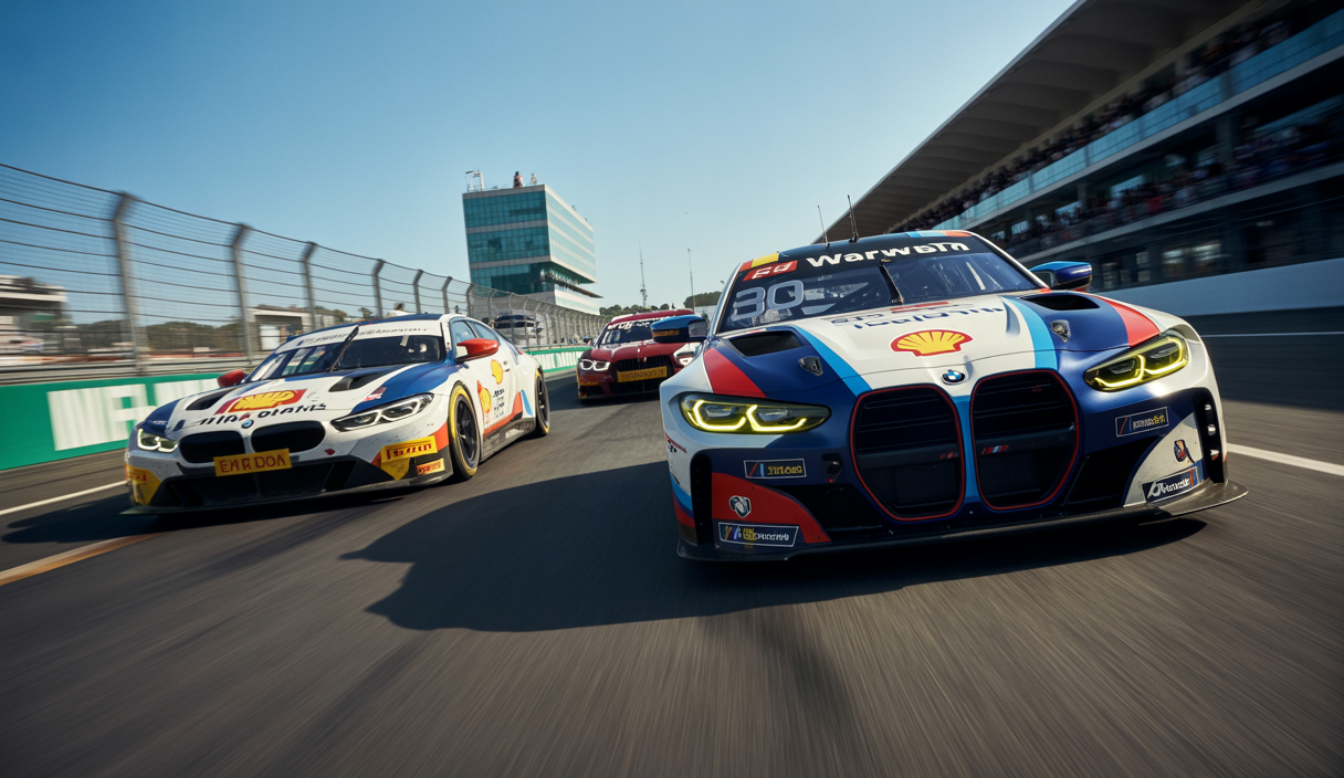 BMW M Hybrid V8 and BMW M4 GT3 EVO racing at the 6 Hours of São Paulo 2025 with drivers René Rast, Sheldon van der Linde, and Marco Wittmann in action, showcasing intense competition and dynamic racing atmosphere