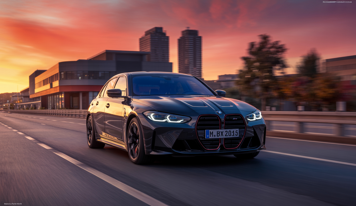 Vue de profil dynamique de la BMW M3 xDrive 2025 noire avec ses phares LED redessinés et ses roues alliage forgées sur une route urbaine au coucher du soleil