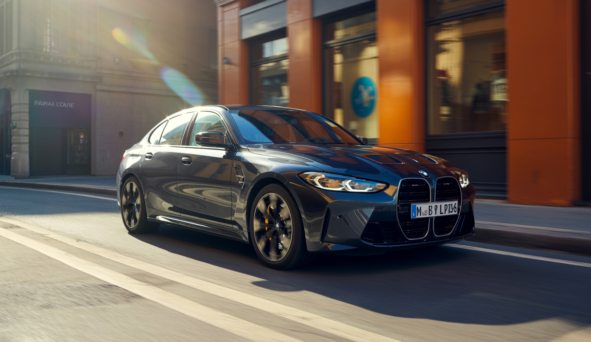 Vue avant dynamique de la BMW M3 xDrive 2025 noire avec intérieur cuir orange, sur route urbaine au coucher du soleil