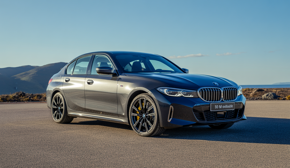 BMW M340i xDrive Edition 50 Jahre, une voiture sportive limitée en anthracite métallique avec jantes noires et détails en fibre de carbone, célébrant les 50 ans de la Série 3