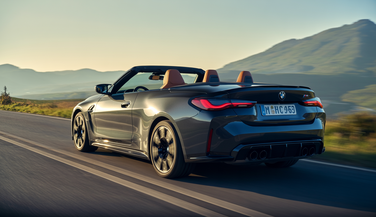 BMW M4 Convertible 2025 noire garée sur une route panoramique avec capote baissée, vue de trois quarts avant montrant ses lignes musclées et roues alliage M