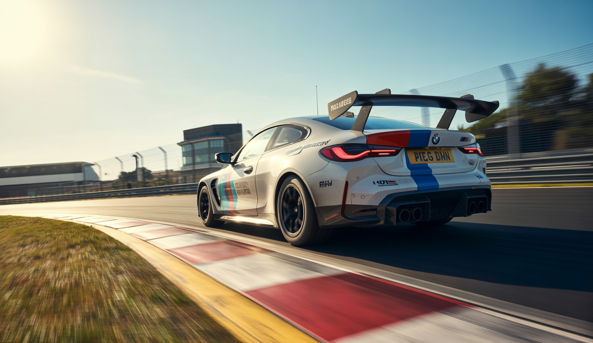 BMW M4 GT3 EVO de Rowe Racing vainqueur des 24 Heures du Nürburgring 2025 avec les pilotes Farfus, Krohn, Marciello et van der Linde sur le circuit sous un ciel clair