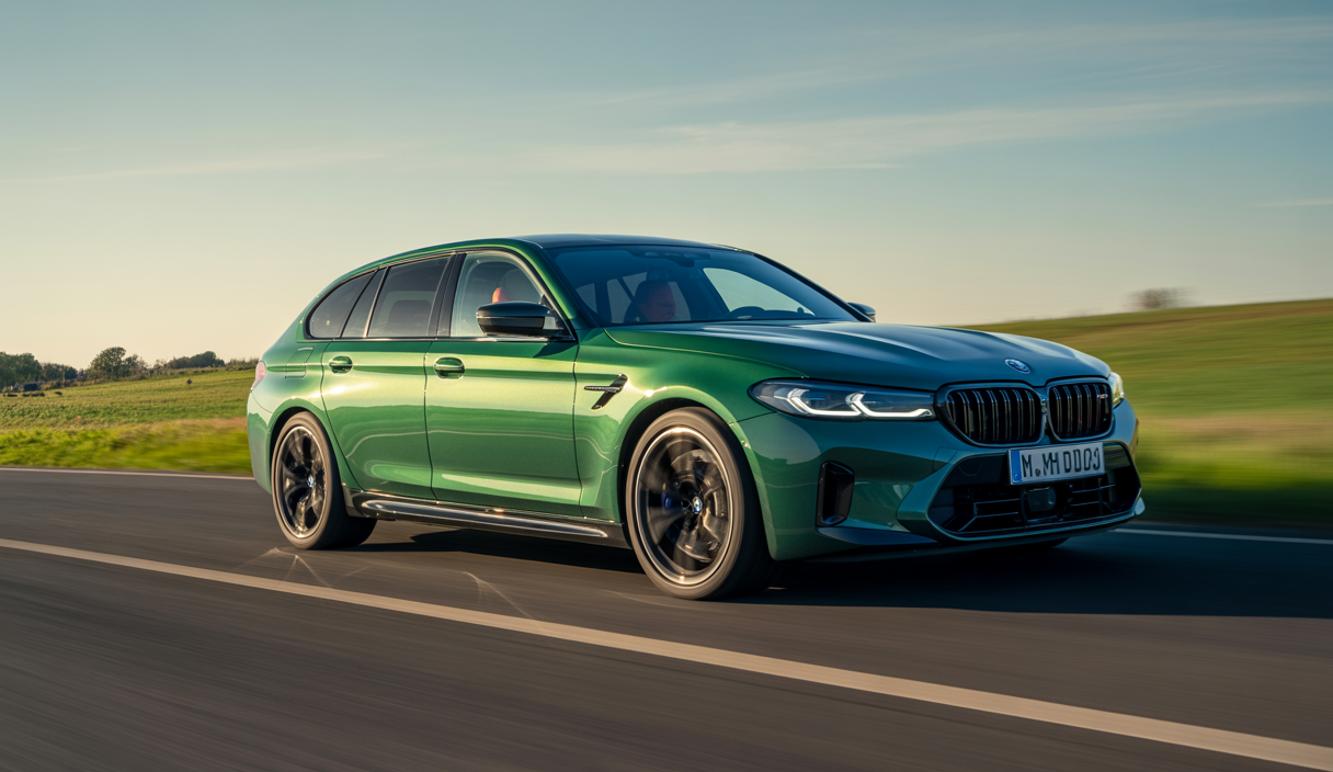 BMW M5 G99 Touring 2025, break sportif hybride, vue latérale sur route, puissant avec design élégant et intérieur premium spacieux