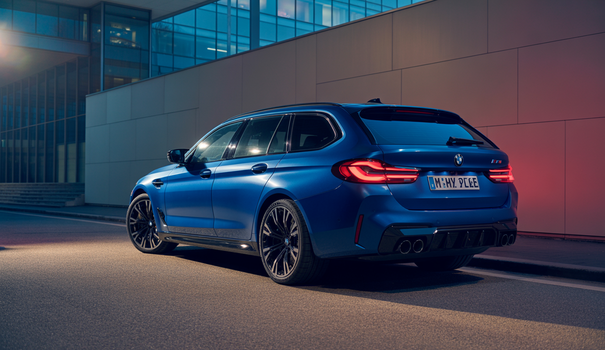 BMW M5 Touring 2025 hybride sportive et polyvalente vue de profil sur route, avec éclairage doux et arrière-plan urbain flou