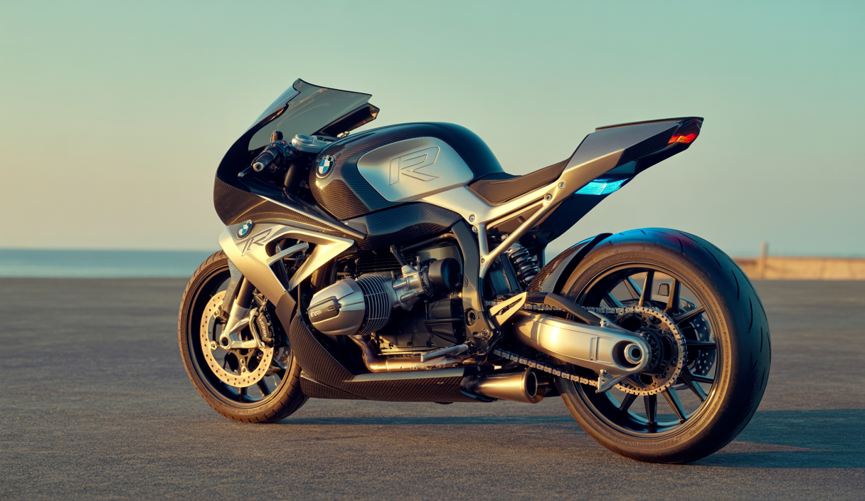 Vue de la BMW Motorrad Concept RR, superbike futuriste en carbone et aluminium, profil aérodynamique avec logo RR lumineux