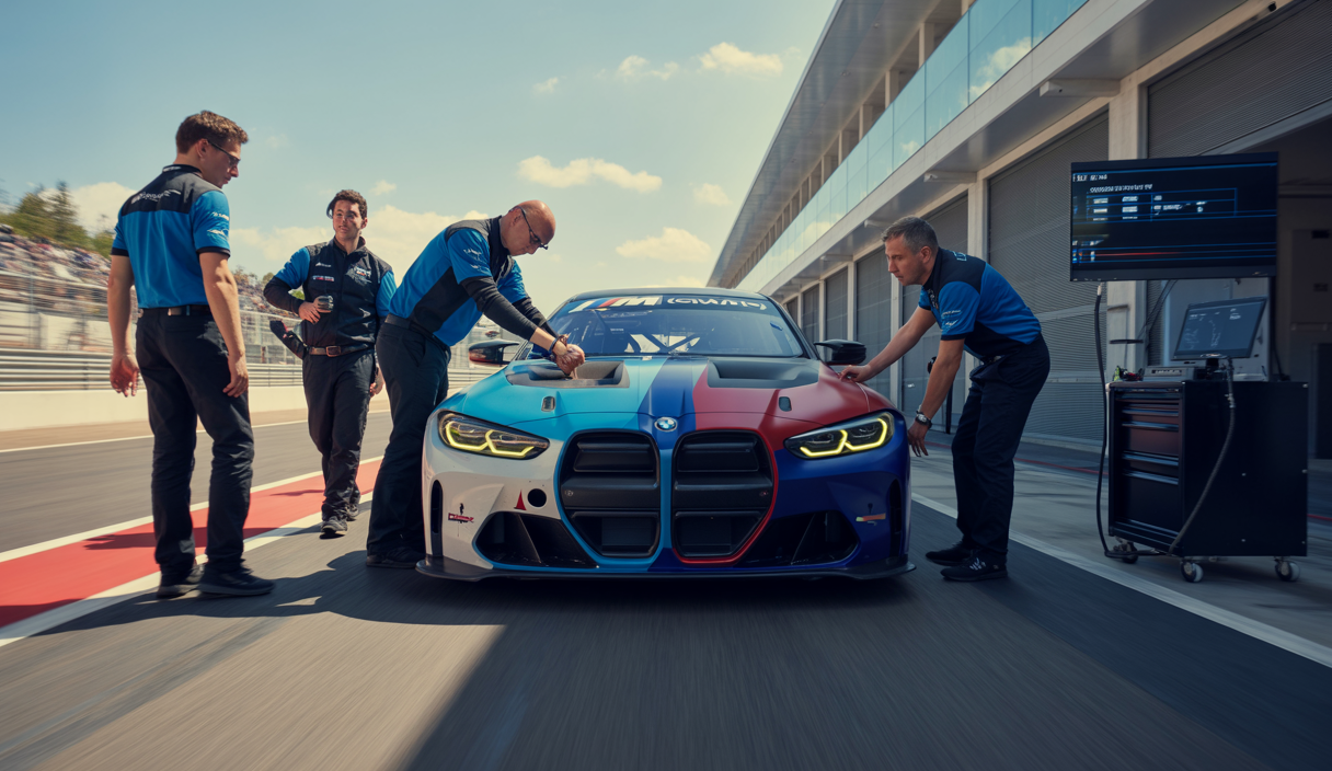 BMW Motorsport techniciens en train de préparer et entretenir des voitures de course BMW sur un circuit professionnel, entourés d'équipements de haute technologie et dans une ambiance professionnelle intense