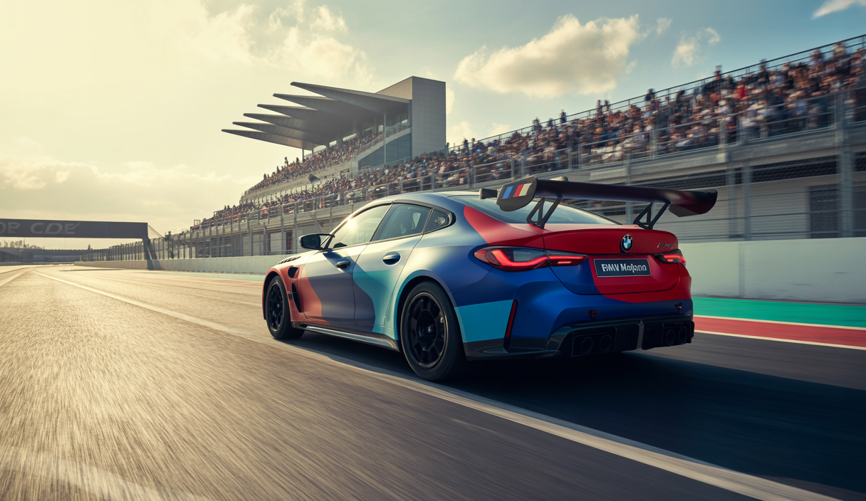 BMW Motorsport en pleine préparation technique rigoureuse avec un bolide BMW M4 GT3 EVO sur un circuit de course moderne sous un ciel lumineux