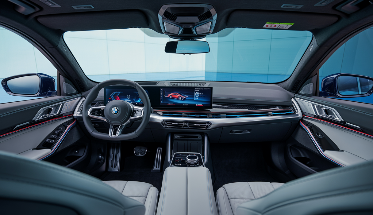 Intérieur futuriste d'une BMW en 2025 montrant l'interface BMW Panoramic iDrive avec grand affichage panoramique s'étendant sur le pare-brise, un écran tactile central haute résolution, un volant multifonction moderne et un affichage tête haute 3D innovant