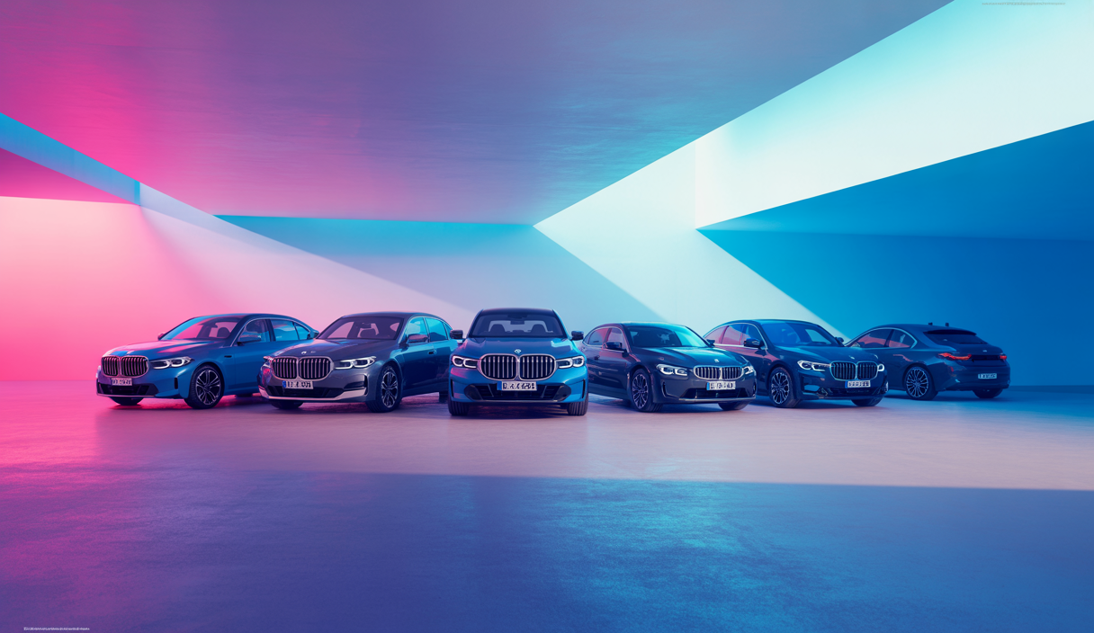 BMW Série 3 en sept générations illustrant 50 ans d'innovation avec berlines et breaks premium dans un style élégant et sportif